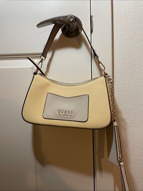 Guess Two-Tone Yellow and Cream Shoulder Bag with Chain Accent
